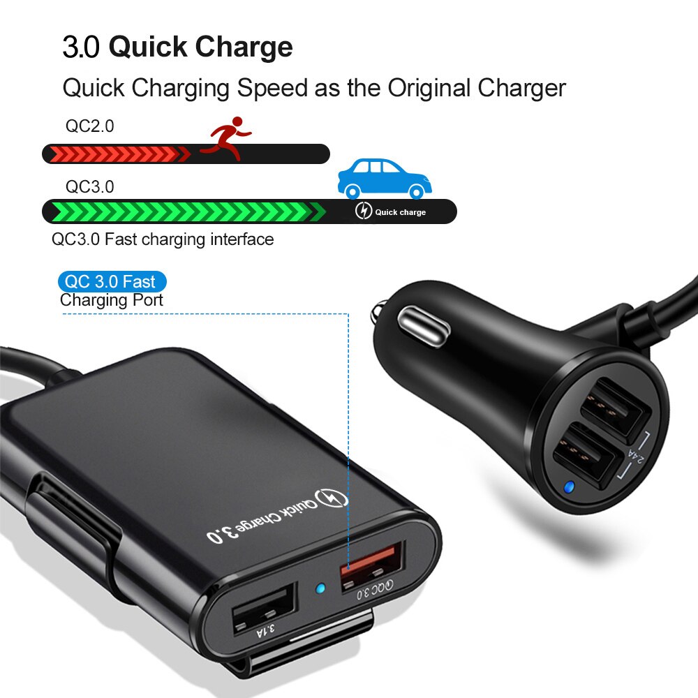 4 Usb-poort Auto-oplader Quick Charge 3.0 Auto-Oplader Met 1.7M Kabel Voor Tablet Smartphone Iphone X 8 7 Qc 3.0 Uitbreiding Adapter