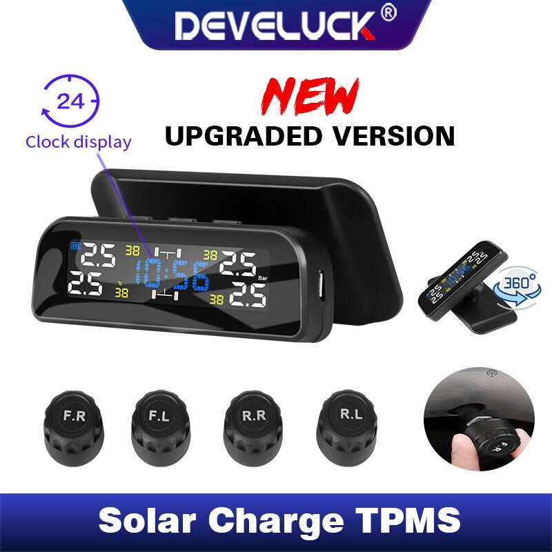 Tpms trådlöst billarm däcktrycksövervakningssystem rotationsdisplay tidsvarning solenergiladdning inuti externa sensorer