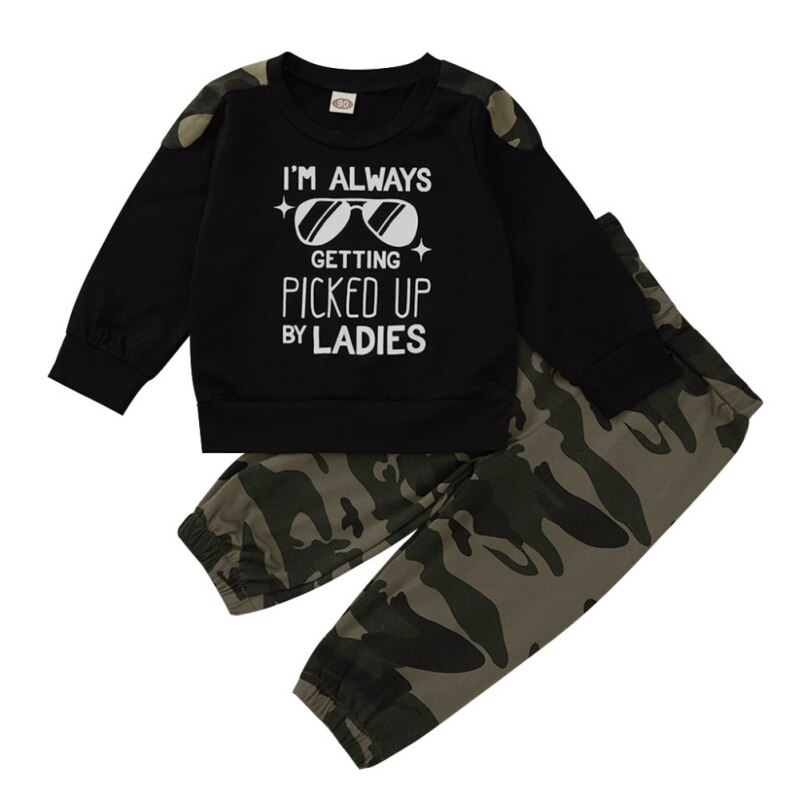 Baby Jongens Kleding Lente Trainingspak Sport Kleding Korte Mouwen Brief Gedrukt Top + Camouflage Broek Casual Kleding Sets: Black / XS