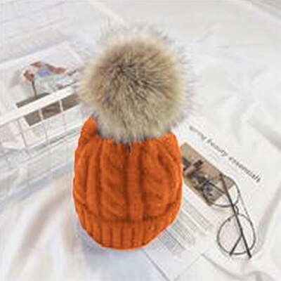 Barns vintervarm mössa twiststickad ullbollsmössa all match vindtät casual öronkåpa: Orange