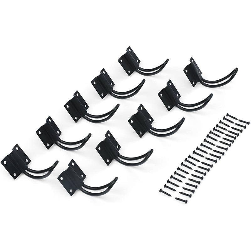 10Pack Rustic Entryway Hooks of Black Wall Mounted Vintage Double Coat Hangers with Large Metal Screws Included: Default Title