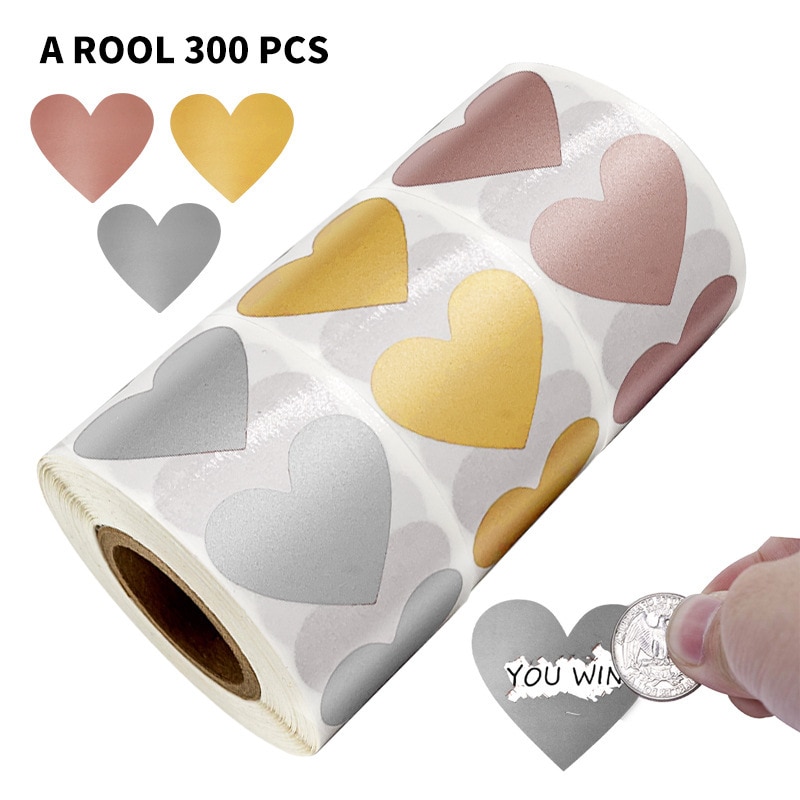 3 farver 300 stk hjerteform sølv rose guld skrabe af klistermærker kærlighedsetiket til festaktivitet forretning papirmærkat