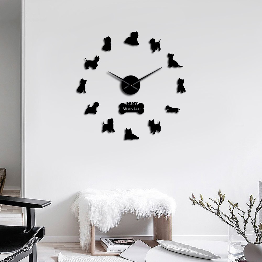West Highland White Terrier-Reloj de pared gigante, bricolaje, efecto espejo, arte de pared acrílico, perro mascota, amo a mi Westie, reloj de pared de manos largas