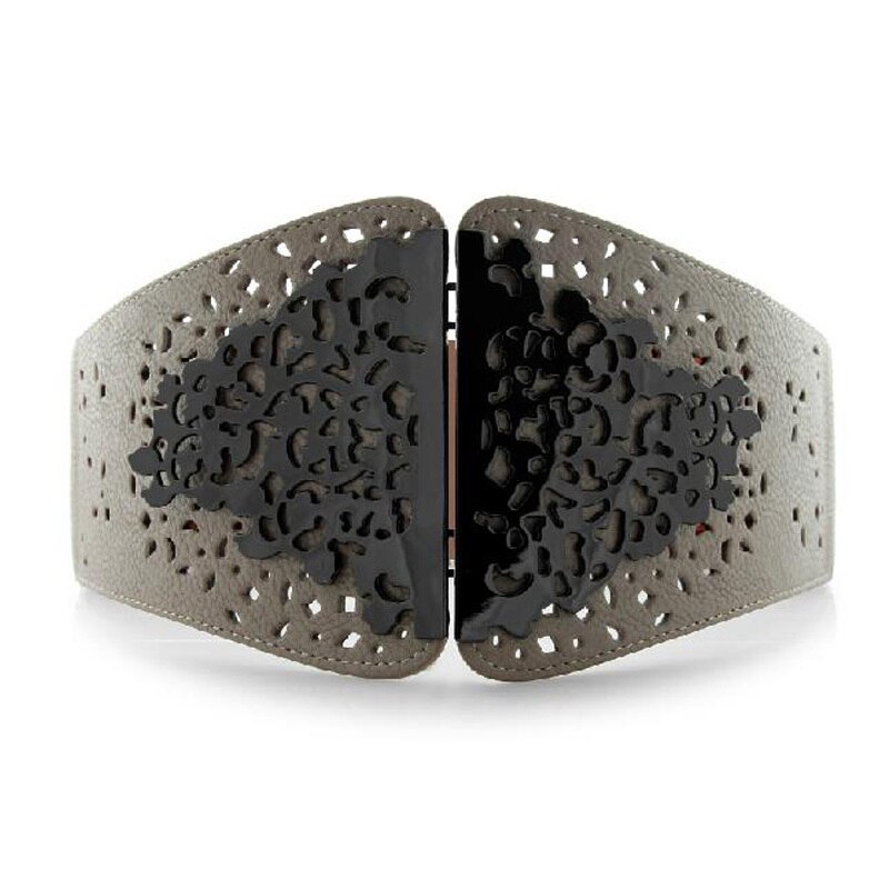 Korean Women Female Hollow Out Metal Buckles Pu Leather Patchwork Elastic Waist Belt , Black Wide Waistand For Woman