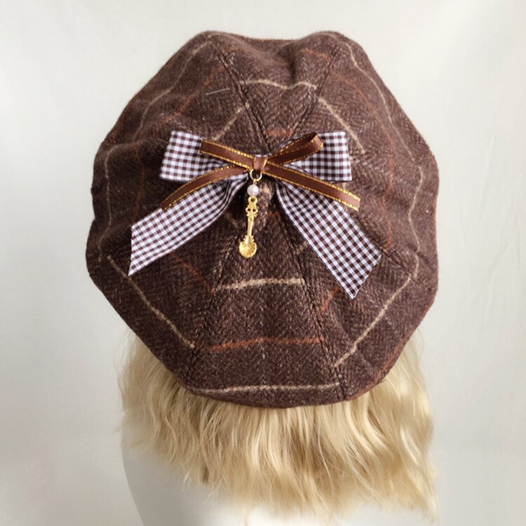 Japansk søt nydelig ull rutete åttekantet kuppel lue retro lolita beret søt høst vinter myk jente gresskar cap maler lue: 01