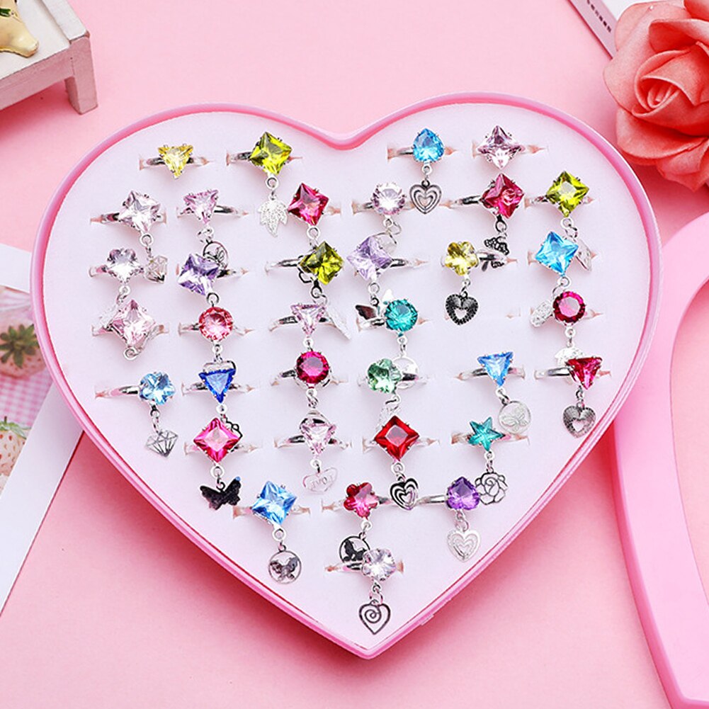 36 stk/sæt justerbare børn ringe smykker hjerte krystal åben fingerring til børn piger fødselsdag uden boks 4.7