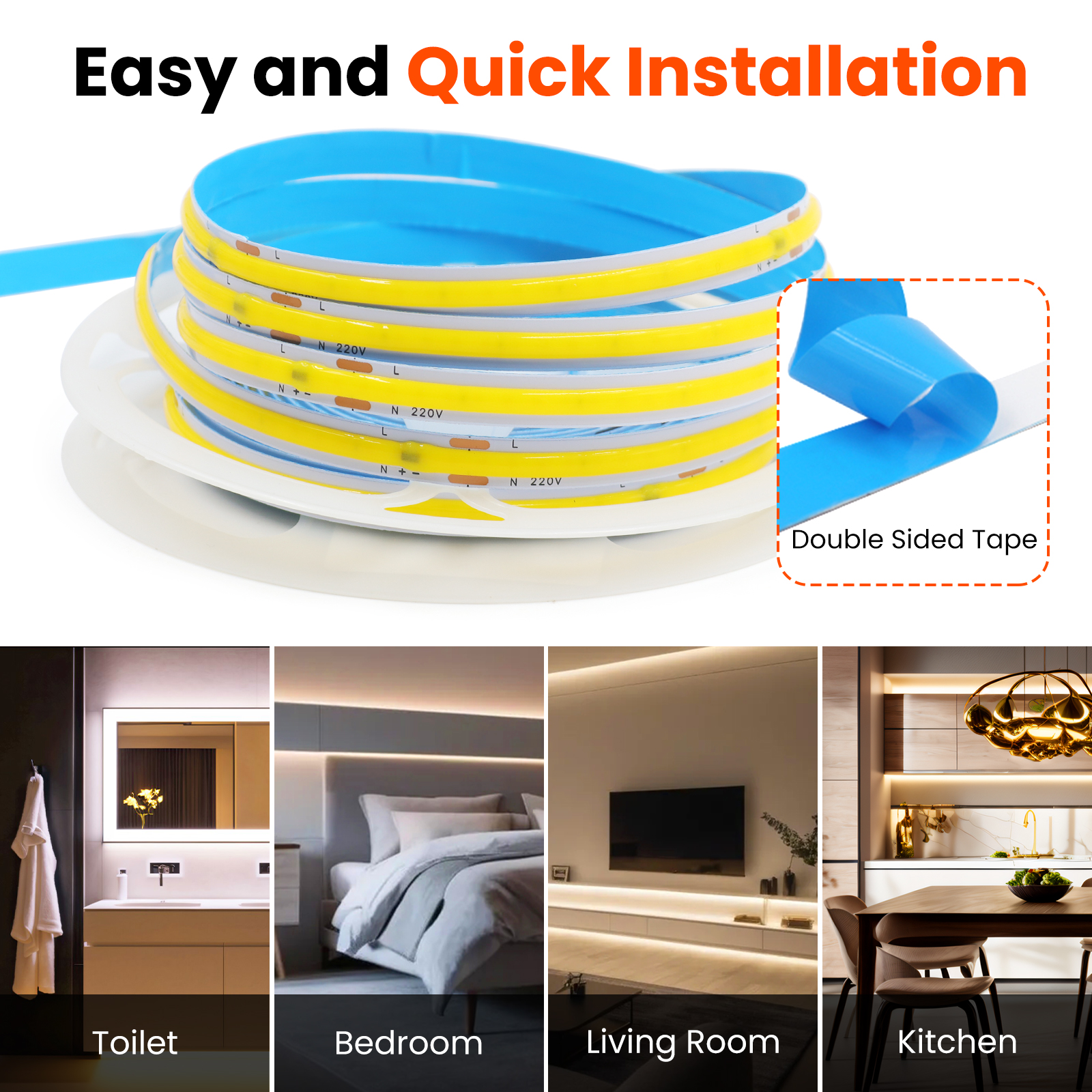 220V 5m 10m 15m 20m 50m COB LED Strip High Density 8mm PCB 240LEDs/m White/Warm White Cuttable and Flexible Ribbon Rope Light