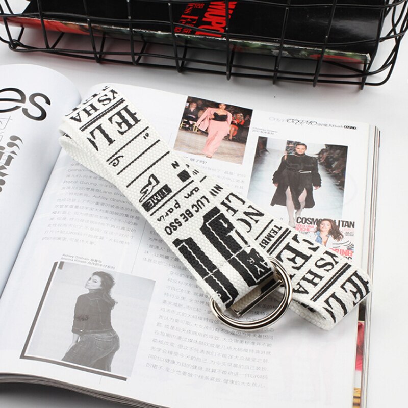 Unisex Canvas Riemen Letters Gedrukt D Ring Dubbele Gesp Punk Taille Band Vrouwen Mannen Tiener Lange Brede Riem: C white
