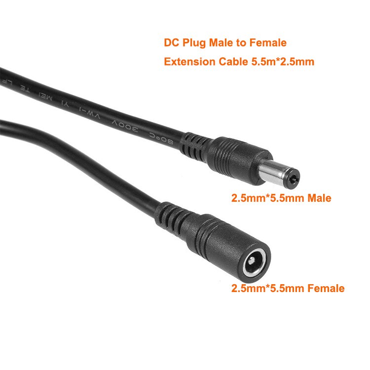 2m 20AWG 12 Volt DC Extension Power Cord Cable 2.5mm / 5.5mm Male Female For IP CCTV Camera Monitor Recorder