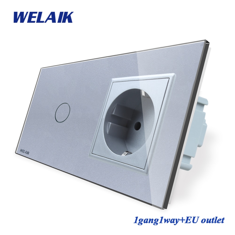 WELAIK 2Frame-Crystal Glass-Panel Wall-Switch EU Touch-Switch-Screen EU Wall-Socket 1gang-1way AC250V A29118ECW/B