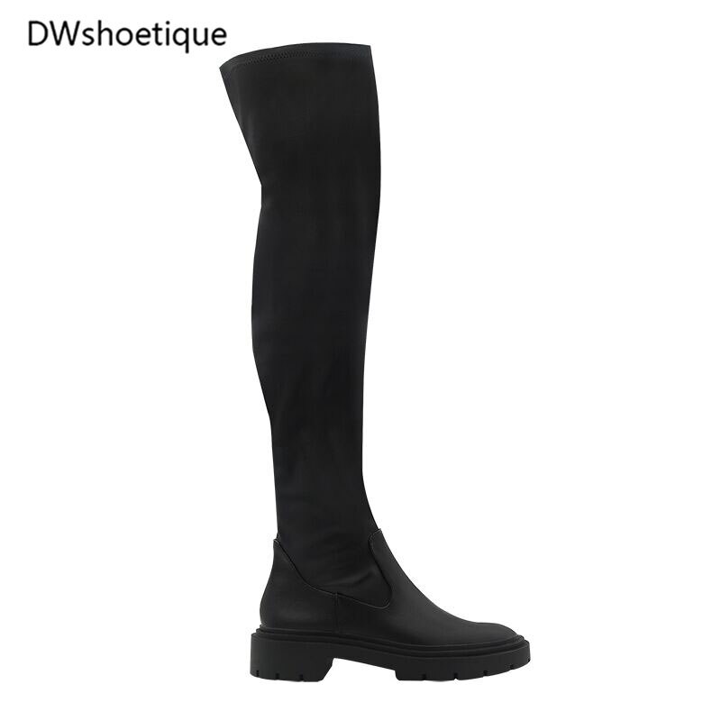 Winter women stretch boots chunky heel platform slip on women over knee boots