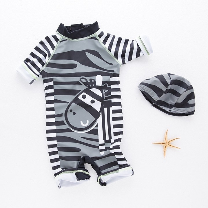 ! Persoonlijkheid Zwart-wit Strip Zebra Patroon Baby Boy Siamese Badmode Met Badmuts 3093