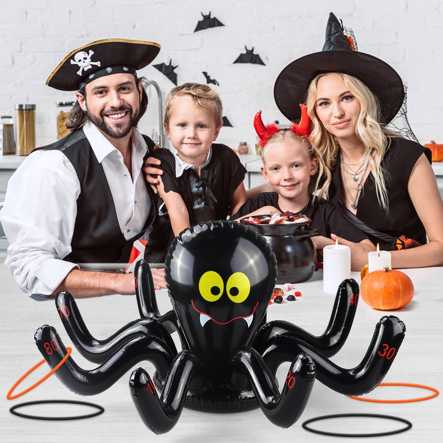 Besegad Halloween Anello lanciare Gioco impostato Gonfiabile Polpo Giocattolo con 4 Anelli e 1 Gonfiatore per il Partito di Nuoto Piscina Bomboniere E Ricordini