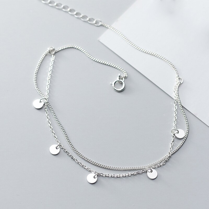 925 Sterling Zilveren Ronde Kwastje Double Layer Chain Enkelbanden Voor Vrouwen Accessoires Meisje Been Armband Enkel Sandalen Voet Sieraden