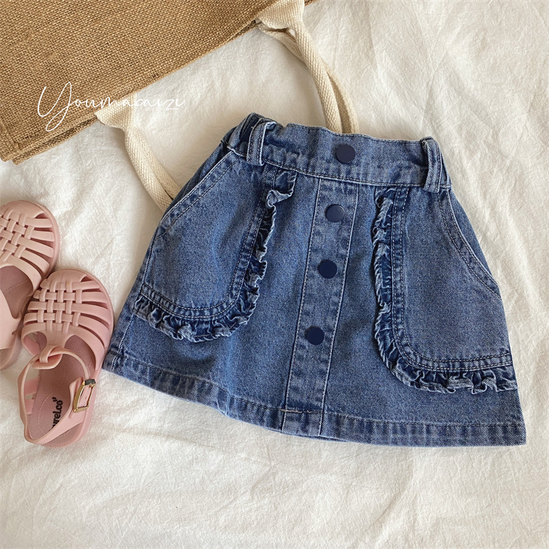 2022 Spring Summer New Girls&#39; Lace Denim Skirt Children&#39;s Korean Cotton Clothes