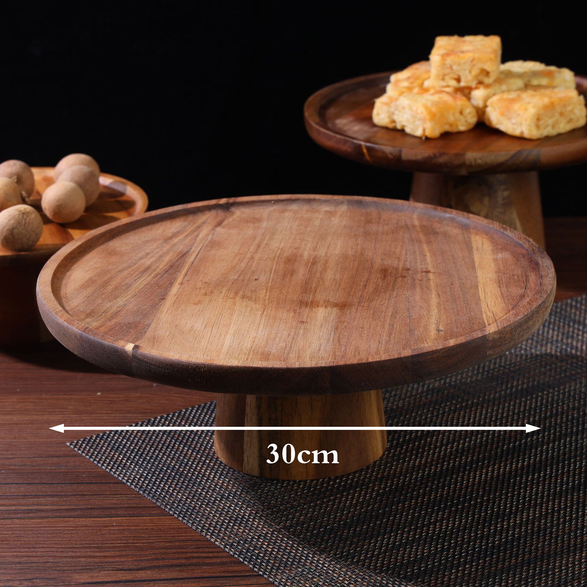 Japanese-style acacia wood high-footed cake stand solid wood dessert plate serving tray living room fruit snacks wooden plate: 30cmx9cm