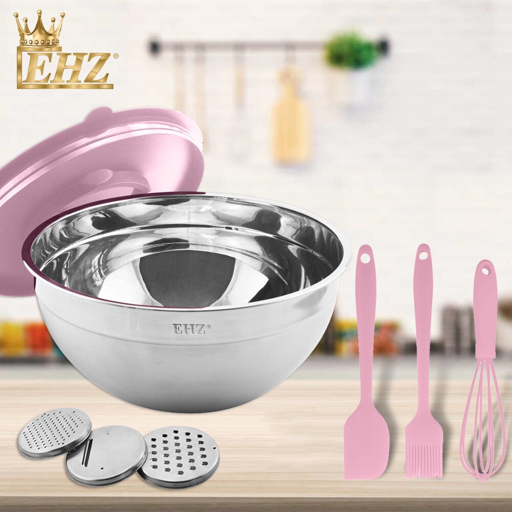 Cuenco mezclador EHZ de acero inoxidable para ensalada, conjunto de 8 Uds. Fresco sellado de Bol, herramienta de cocina cepilladora afilada para hornear pasteles y verduras