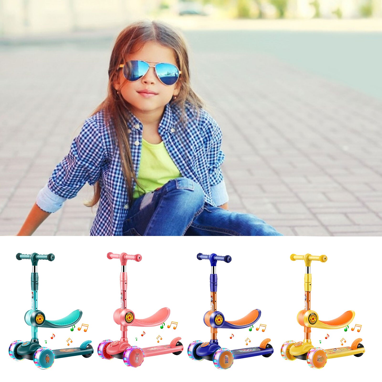 Kids 3 Wheel Kick Scooter 2 in 1 Folding Children's Scooter 3-8 Years Old Three Wheel Flashing Scooter Swing Scooter Sliding Sco