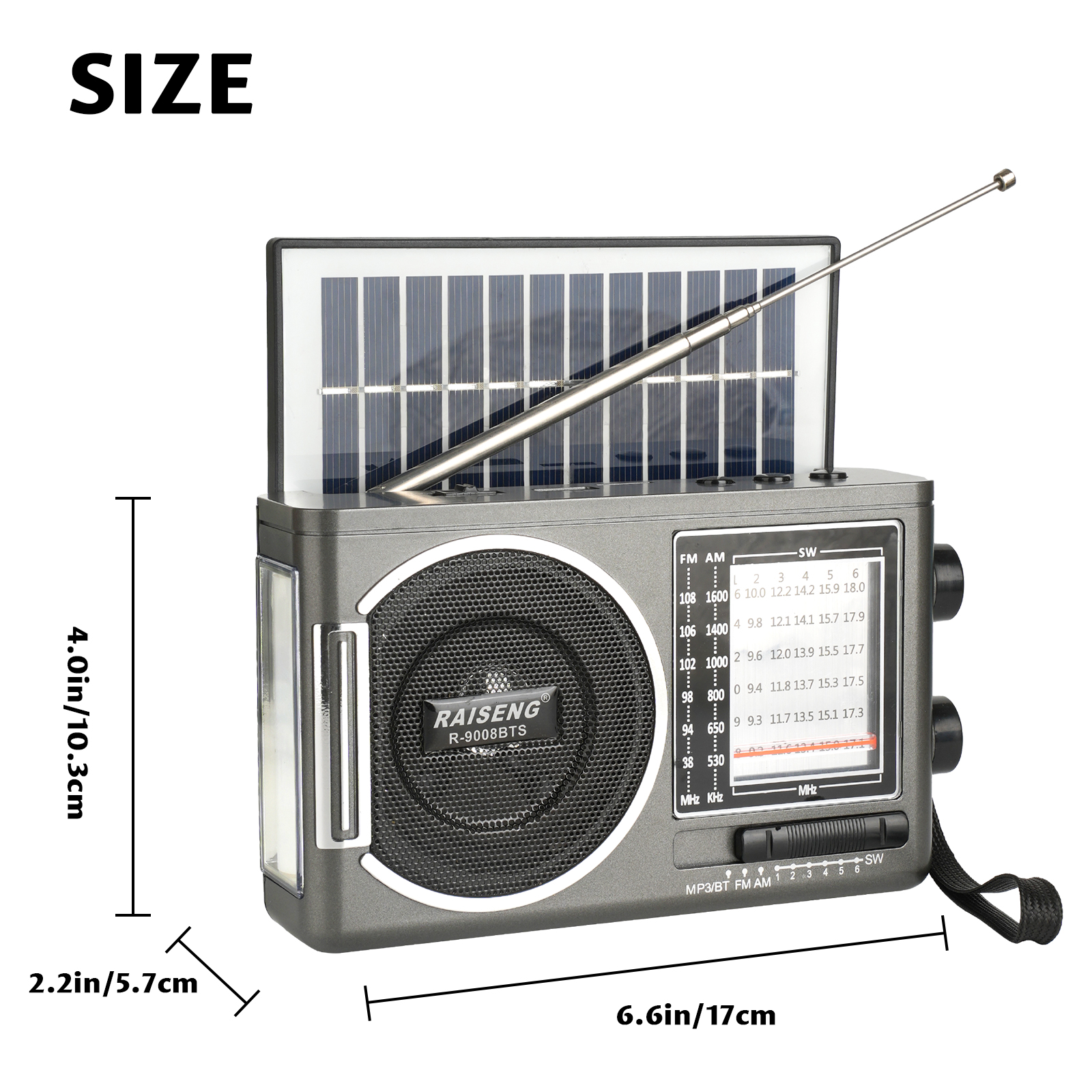 9008BTS classic solar radio, AM/FM speaker, USB/TF card interface, 3 charging methods, suitable for outdoor activities