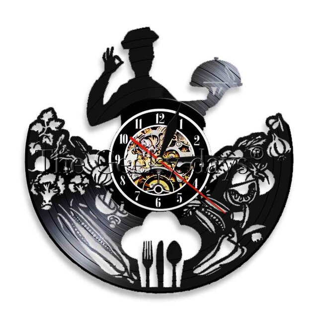 Kitchen Vinyl Record Wall Clock Modern Cooking Room 3D Decoration LED Clock Wall Watch Home Decor for Chef 12 inch: B-NO LED