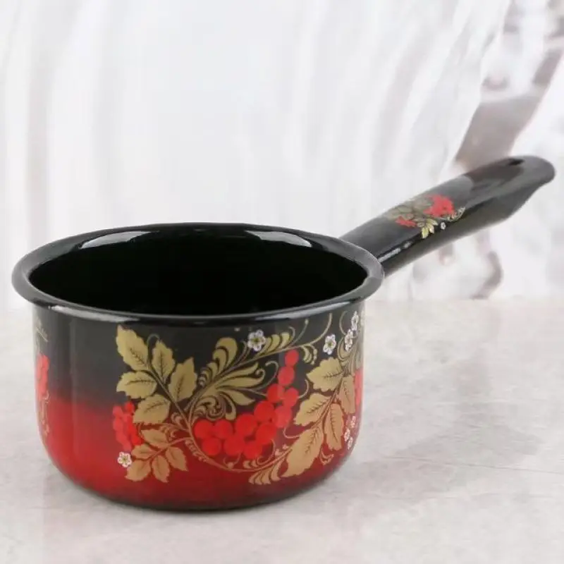 Cacerola de leche esmaltada Vintage con cucharón de mango largo para Gas o cocina de inducción, cucharón de agua esmaltado con estilo Retro para la cocina del hogar