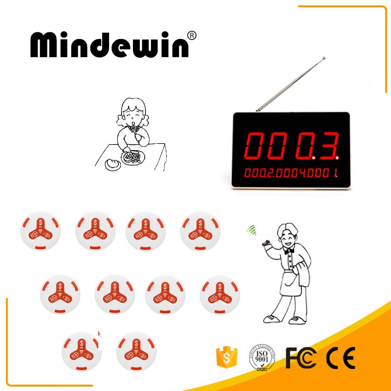 Mindewin elektronisch restaurant tafelnummer led-display en 10 stuks witte oproepknop draadloos oproepsysteem ontvanger display