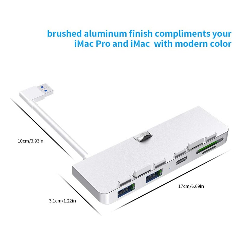Rocketek Aluminum Alloy USB 3.0 Hub 3 Port Adapter Splitter with SD/TF Card Reader and Type-C for iMac 21.5 27 PRO Slim Computer