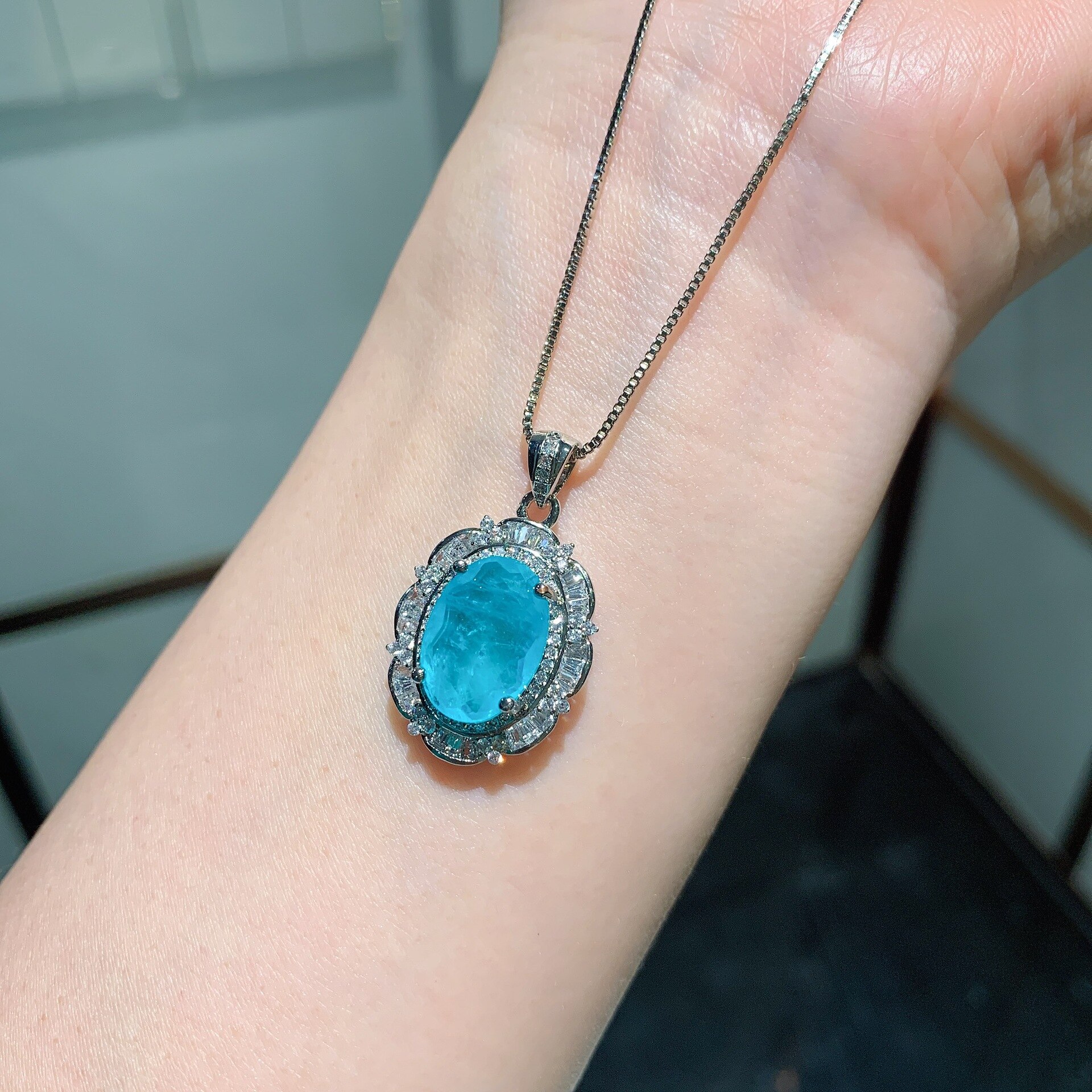 RUZZALLATI Luxus Silber Farbe Paraiba Turmalin Ring Anhänger Halskette Hohe Kohlenstoff Citrin Stein Schmuck einstellen für Mädchen