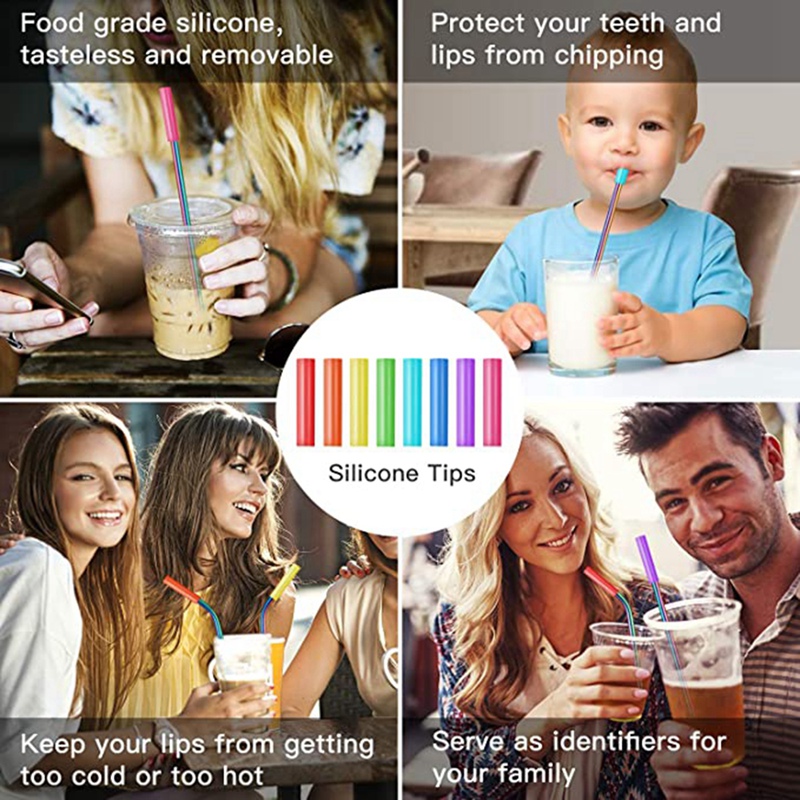 Confezione da 16 cannucce in metallo riutilizzabili colore arcobaleno con cannucce lunghe in acciaio inossidabile colorate con punta in silicone