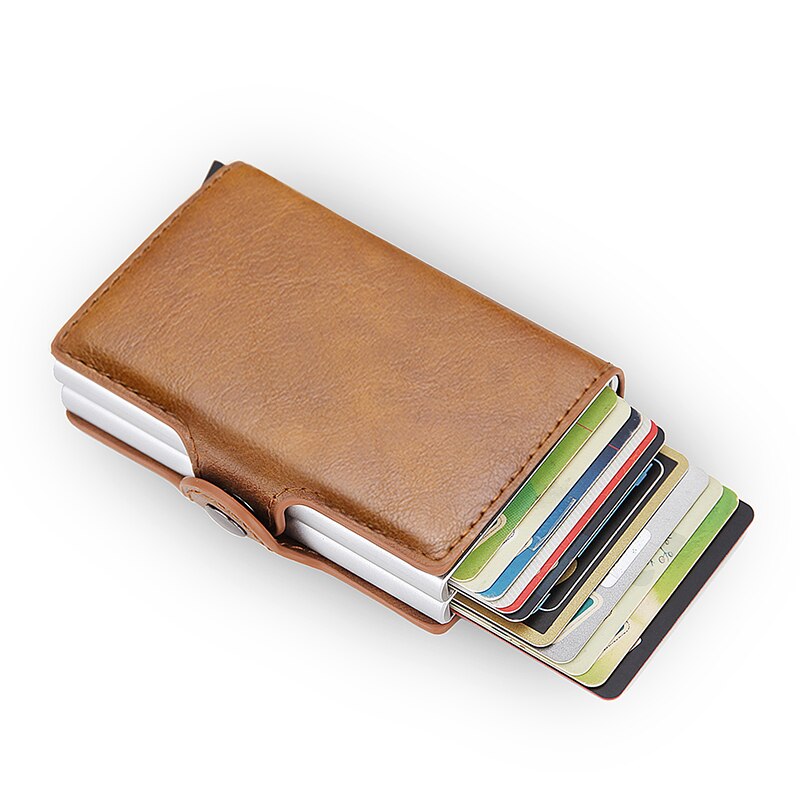 Rfid Blocking Protection Men id Credit Card Holder Wallet Leather Metal Aluminum Business Bank Card Case CreditCard Cardholder: Brown