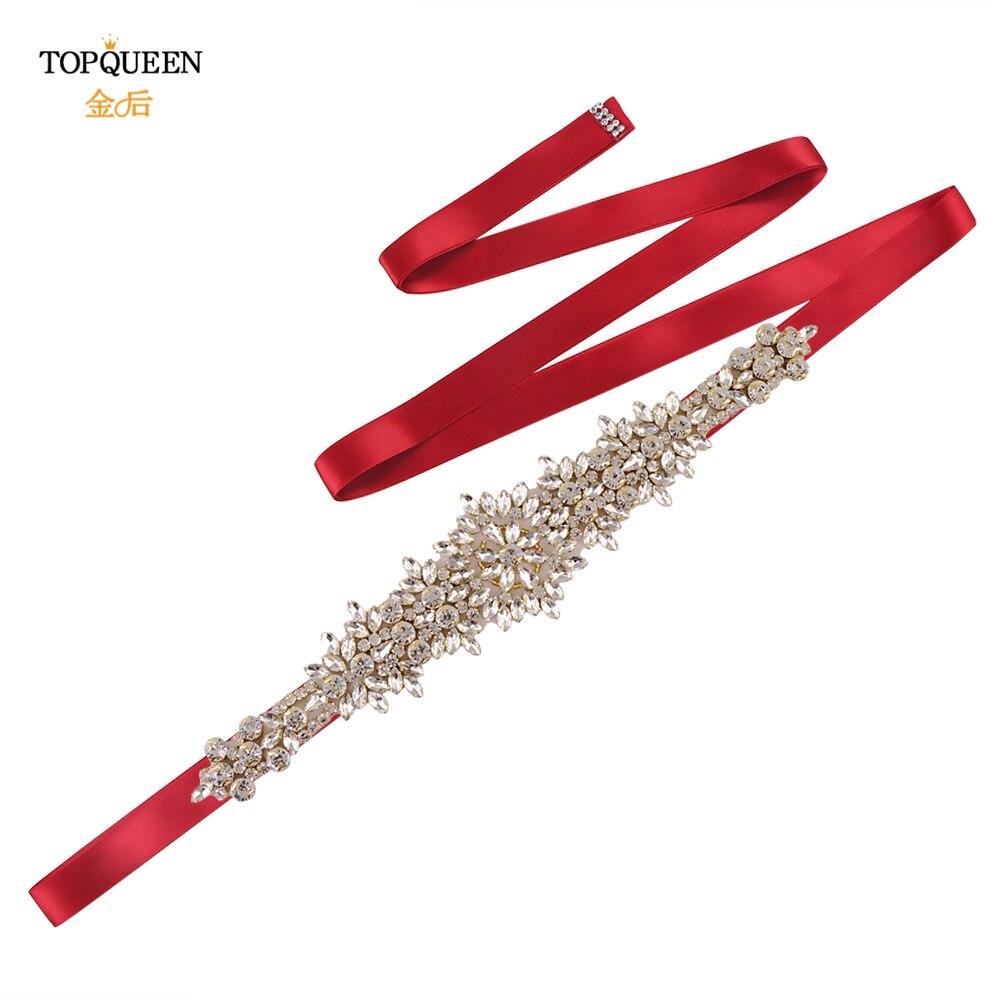 TOPQUEEN-cinturones para vestidos de novia de talla grande S319-G, cinturones dorados para mujer, cinturón de diamantes de imitación, cinta de lujo para novia, faja de boda: Wine red ribbon