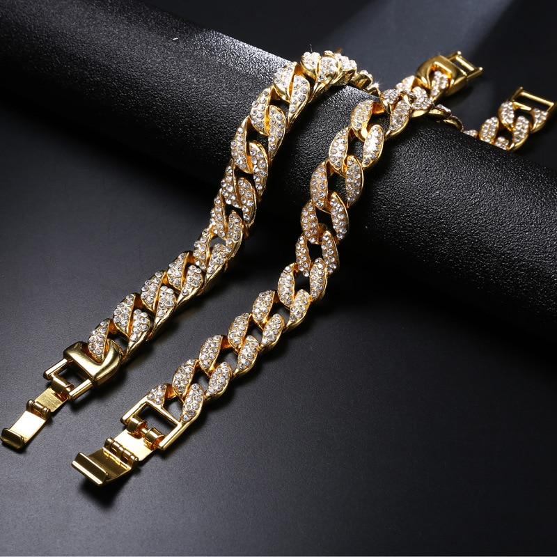 AGLOVER 14mm Hip Hop Miami Curb Cuban Bracelet Golden Iced Out Rhinestones Rapper Silver Colour Gold Bracelets For Men Jewelry