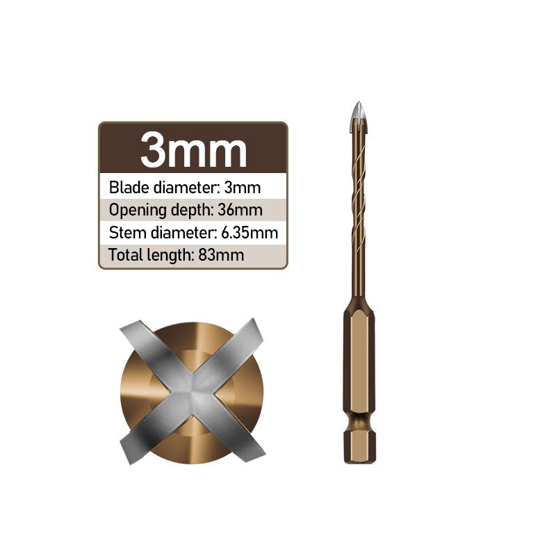 1Pc Hex Shank Spiral Groove Cross Alloy Four-edged Drill Bit Glass Ceramic Concrete Hole Opener 3/4/5/6/8/10/12MM: 3mm