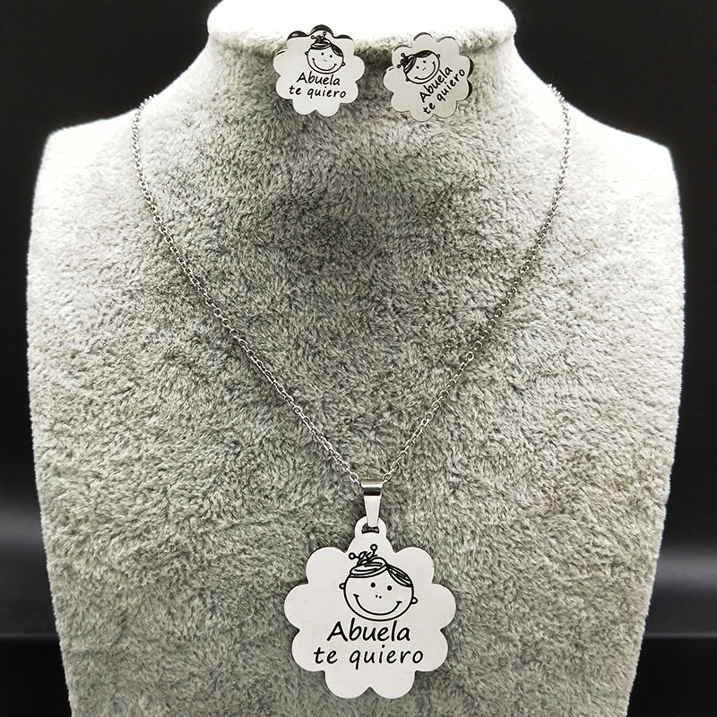 Abuela Rvs Oorbellen Ketting Set Sieraden Voor Vrouwen Zilveren Kleur Set Sieraden Aretes De Mujer 178621