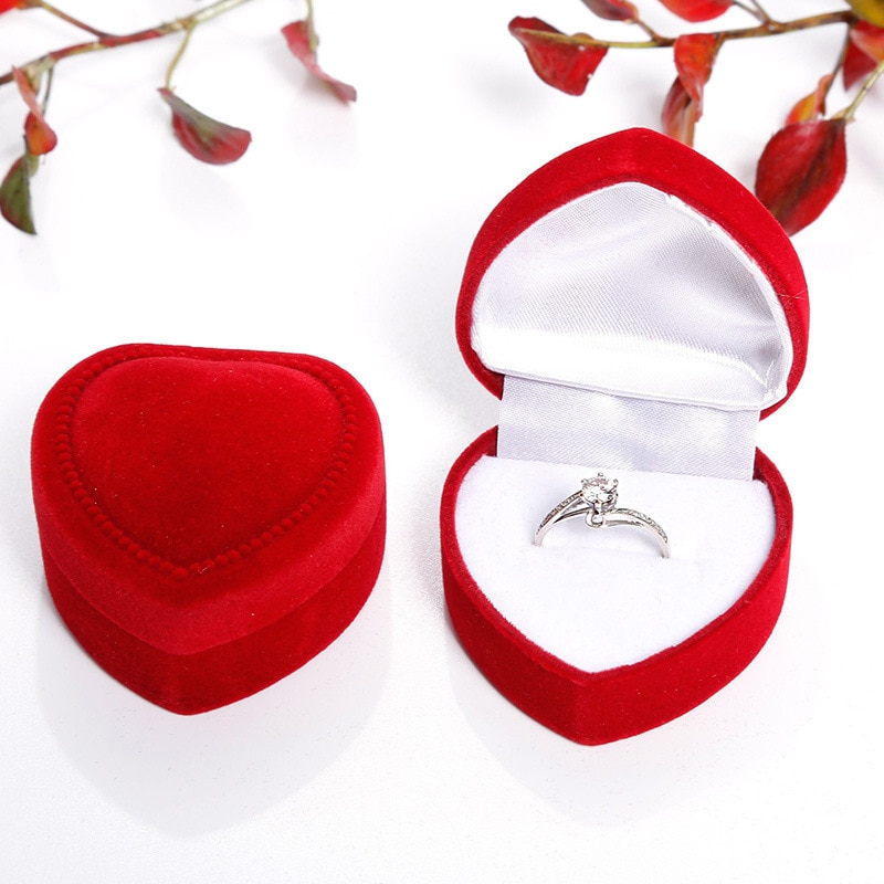 Mini Cute Red Carrying Cases Foldable Red Heart Shaped Ring Box For Rings Lid Open Velvet Display Box Jewelry Packaging 1Pcs