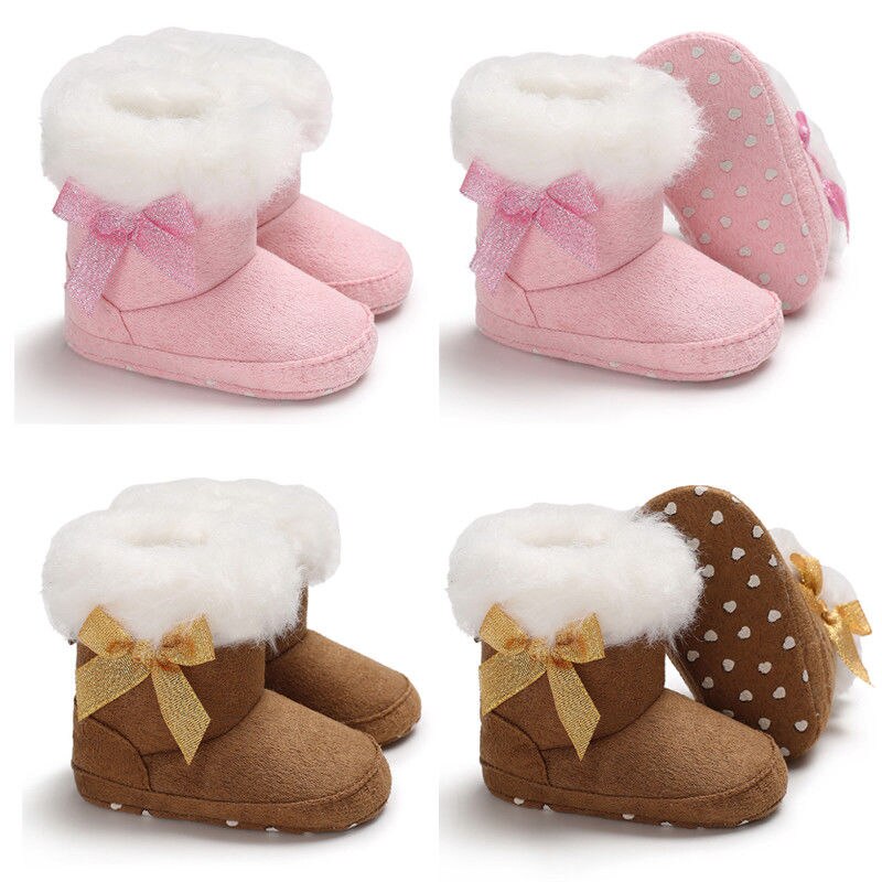 Newly Winter Toddler Baby Girl Boy Warm Boots Booties Snow Slippers Solid Fur Slip-On Bow Flat With Heel Cotton Shoes 0-18M