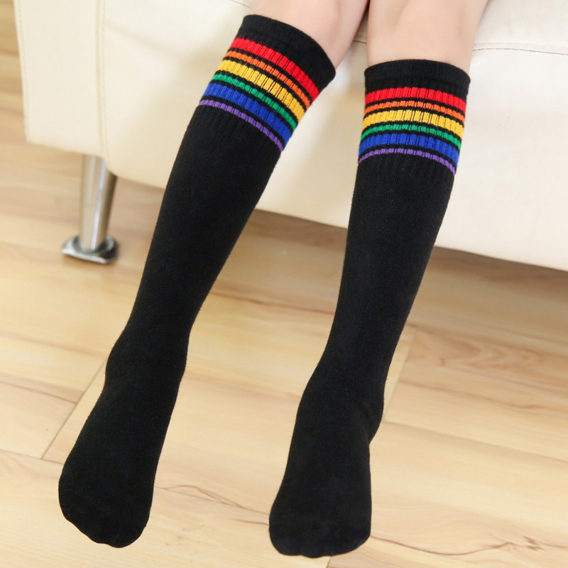 Knie Hohe Socken für Mädchen Jungen freundlicher freundlicher Golf lässig Streifen Kleinkind lang hoch Regenbogen Socken 6-15 jahre: Schwarz Neu