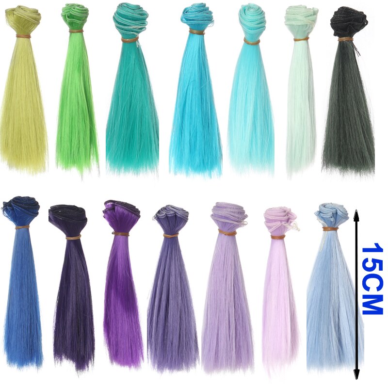 Bjd haar 15 cm * 100 CM blauw groen paars kleur korte rechte haar voor 1/3 1/4 BJD diy pop rechte pruiken