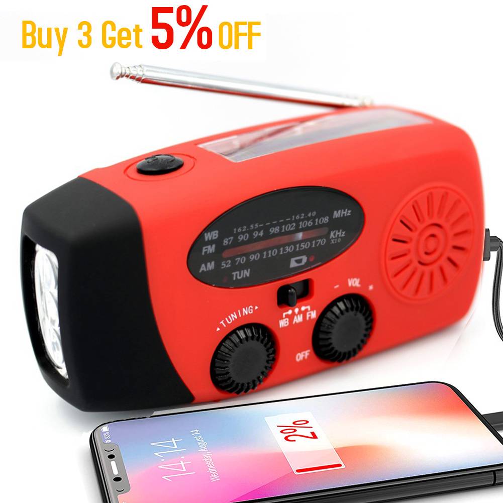 Protable Red Solar Radio Hand Crank Self Powered Phone Charger 3 LED Flashlight AM/FM/WB Radio Waterproof Emergency Survival