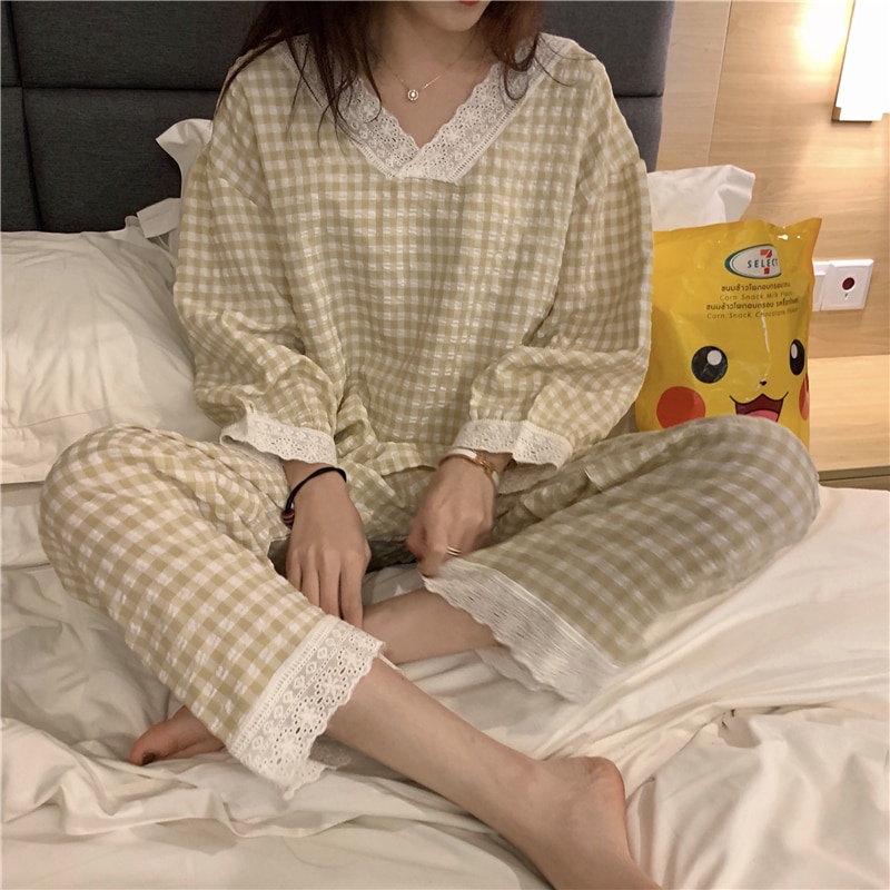 CAIYIER-Conjunto de pijamas coreanos Ulzzang para niñas, ropa de dormir holgada informal de manga larga con cuello en V, ropa de invierno, color rosa