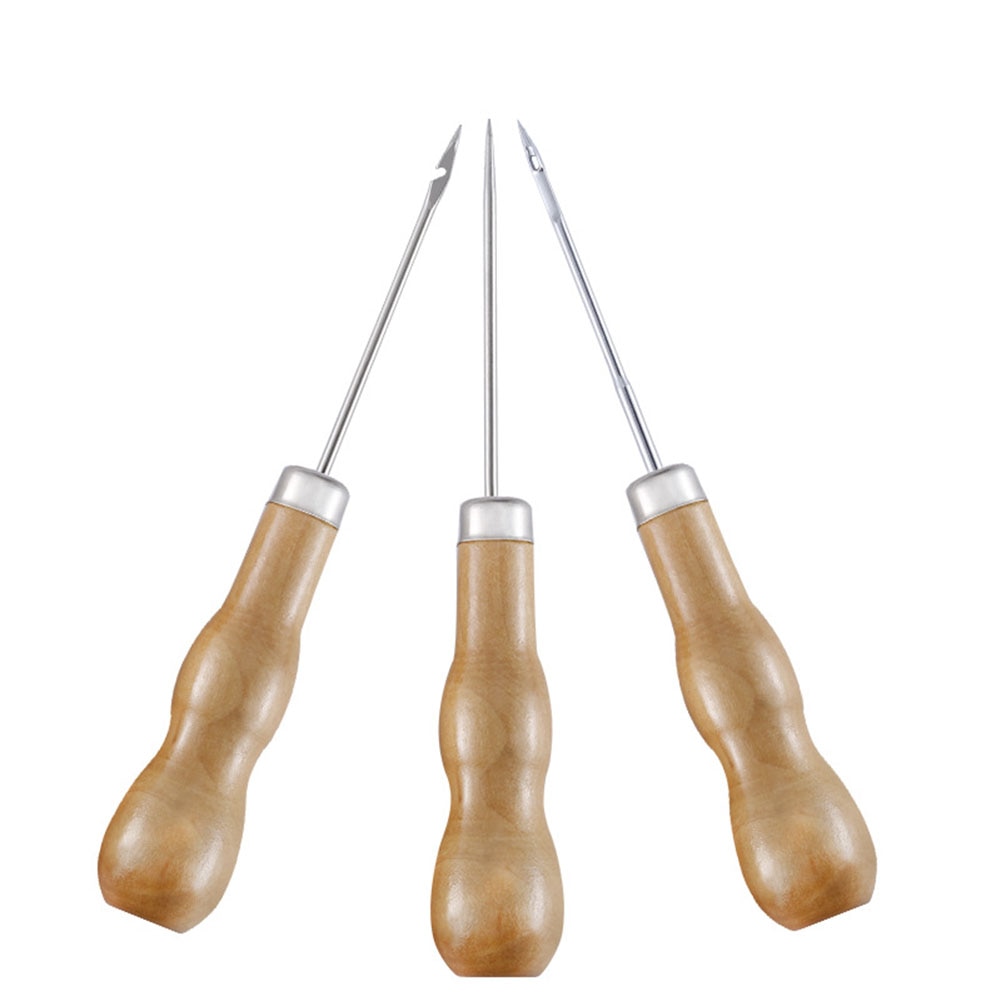Poinçon de couture pour poignée en bois, outil de bricolage, aiguille de couture, cône, pochoirs de réparation de chaussures en toile, poinçon de cuir pour cordonnier, 3 pièces