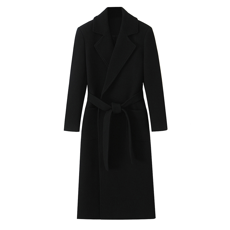 Elegante dames zwarte lange jas met riem Stijlvolle revers Veterschoenen Trenchcoat Herfst Winter Wolmix Bovenkleding Mode-outfit: XS