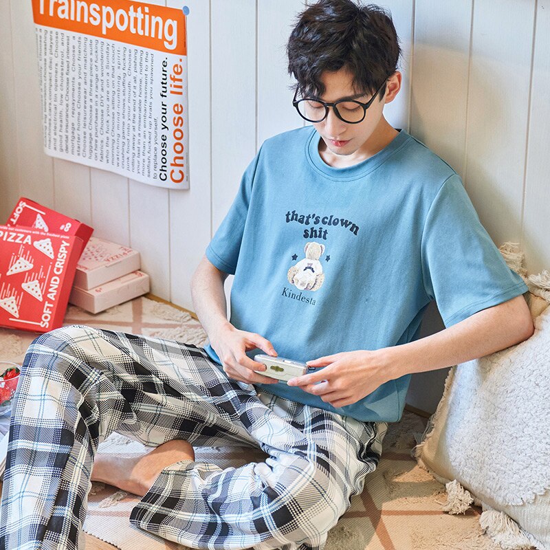SONG-Conjunto de pijama de algodón para hombre, pantalones largos de manga corta y cuello redondo, con bonito de dibujos animados a la , para el hogar, 2 piezas, novedad de verano y otoño de