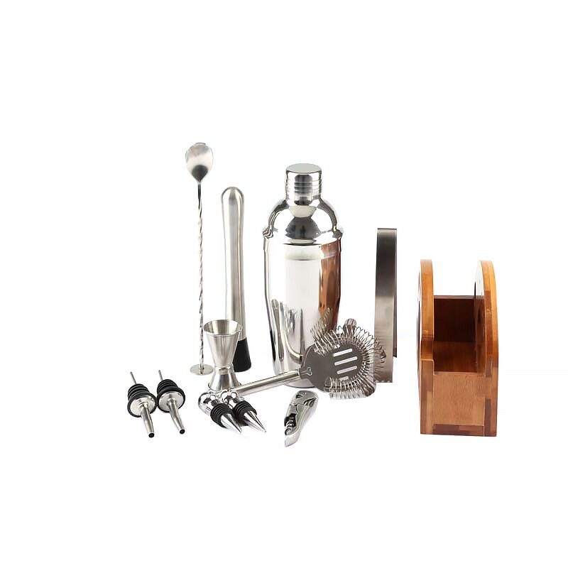 Cocktail Making Set Cocktail Shaker Stainless Steel Cocktail Mixing Kit With Bamboo Display Stand 750ml