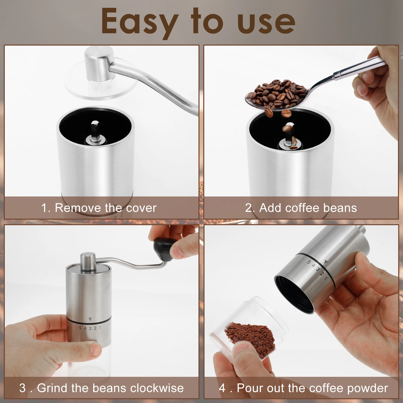 Manual Coffee Grinder, Stainless Steel Conical Burr Portable Mill for Espresso to French Press Coffee Hand Grinder