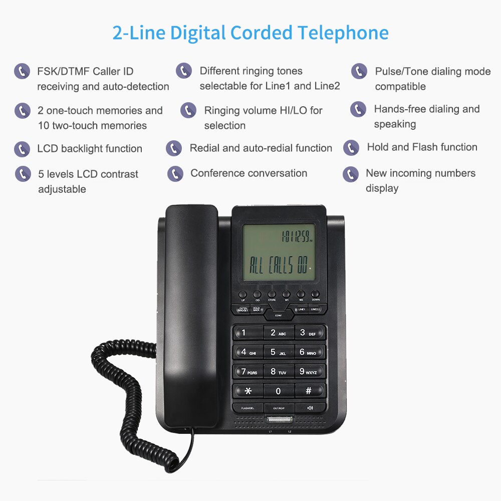 2-Line Digital Corded Telephone Desk Landline Phone with LCD Display Support 3-Way Conference Call/Redial/Auto-redial/Set/Memory