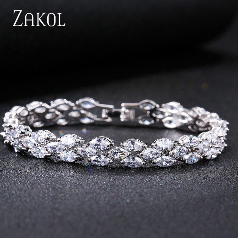 Zakol na moda casamento romano pulseiras marquise corte claro zircão cúbico folha pulseiras & bangles para festa feminino fsbp130