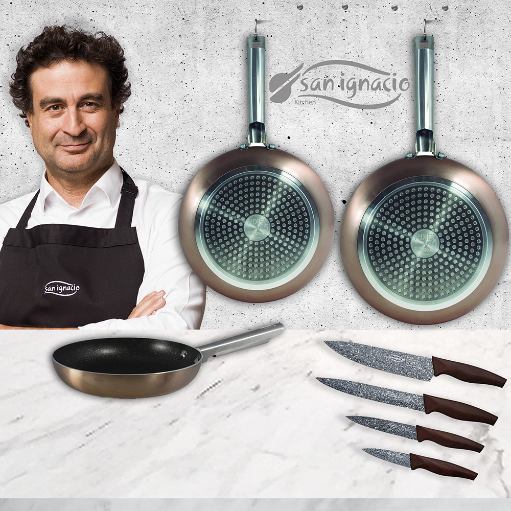 San Ignacio Pannen Set (20,24,28 Cm) in Koperkleurige Geperst Aluminium Met Set Van 4 Keukenmessen In Roestvrij Staal: Complete Pack