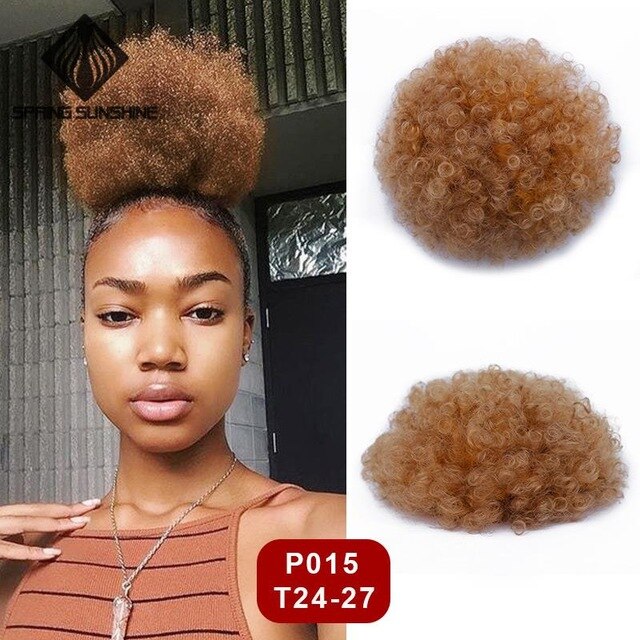 6inch Short Afro Puff Synthetic Hair Bun Kinky Curly Chignon Hairpiece For Women Drawstring Ponytail Updo Hair Extensions 1PC: P015-T24-27