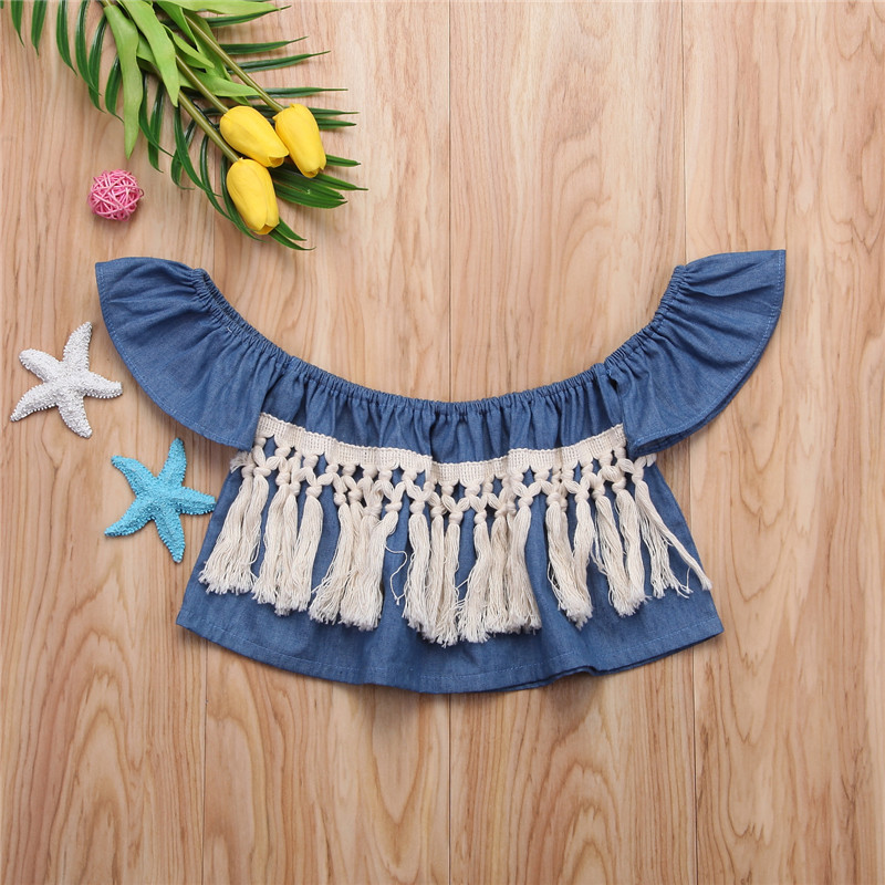 Style Infant Toddler Baby Girls Clothes Denim Off Shoulder Tops T-shirt Summer Sunsuit Baby Clothing 0-24M: 12M